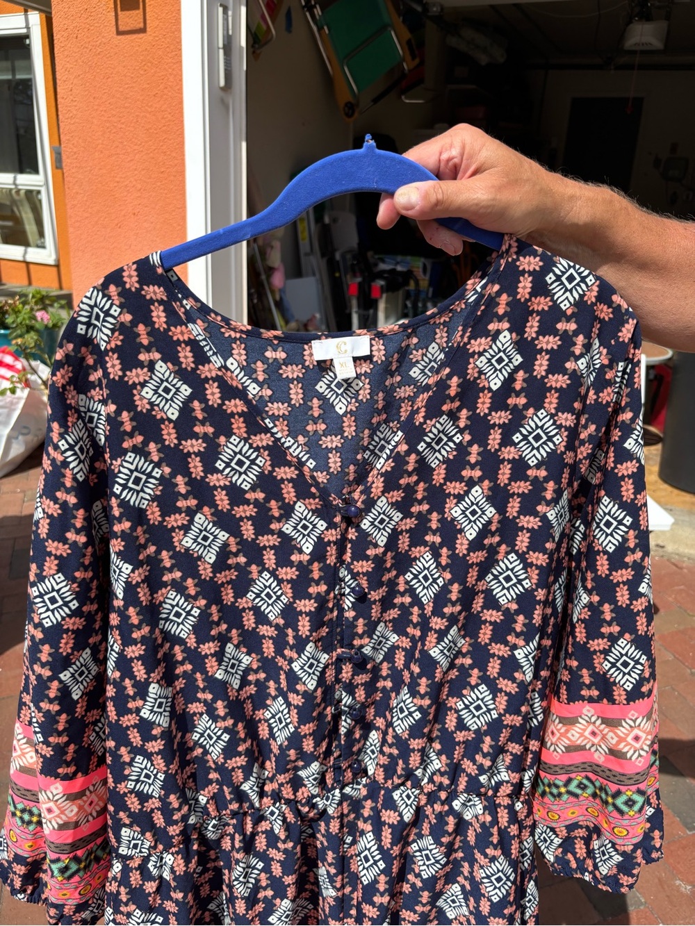 C. Wonder Navy Tunic with Coral and White Geometric Motifs